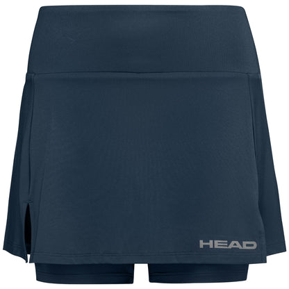 The HEAD Women's Club Basic Padel Skort - Navy is equipped with integrated shorts and utilizes Moisture Transfer Microfibre Technology. It has a sleek design and a small logo near the bottom right hem, making it perfect for sports activities.