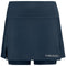 The HEAD Women's Club Basic Padel Skort - Navy is equipped with integrated shorts and utilizes Moisture Transfer Microfibre Technology. It has a sleek design and a small logo near the bottom right hem, making it perfect for sports activities.