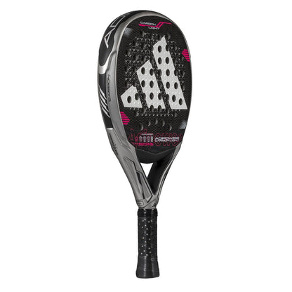 The ADIDAS Adipower Carbon Light 3.4 Padel Racket by adidas features a silver and pink design, with black grip tape on the handle. It has a perforated face, three white triangles as the logo, and is constructed with Carbon 3K Fibre and a 3D Spin Blade Mold for enhanced performance.