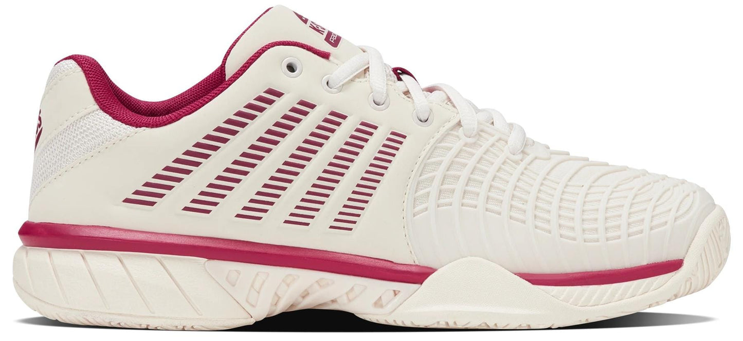 The K-Swiss Express Light 3 Women’s Padel Shoes in Jet Stream, Beaujois, and Jazzy feature stylish maroon accents and a lightweight design—ideal for players seeking comfort and performance on the padel court.