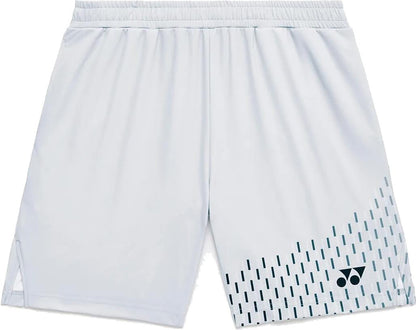 The Yonex 15241EX Knit Men's Padel Shorts in silver grey feature an elastic waistband, subtle vertical stripes on one leg, and a black logo near the hem. These moisture-wicking Yonex shorts are ideal for active days.