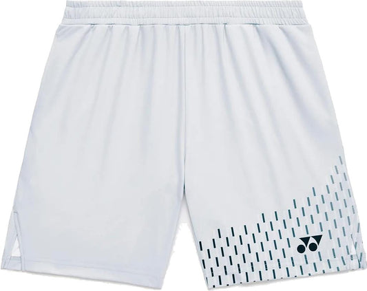 The Yonex 15241EX Knit Men's Padel Shorts in silver grey feature an elastic waistband, subtle vertical stripes on one leg, and a black logo near the hem. These moisture-wicking Yonex shorts are ideal for active days.