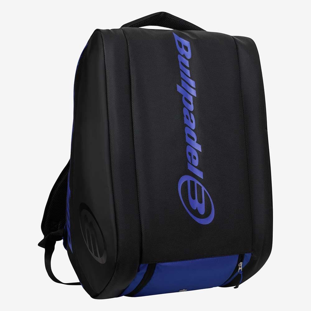 The Bullpadel BPP26002 Vertex Padel Bag - Geo Blue features a black and blue design with a large vertical Bullpadel logo on the front, a top handle, and a visible bottom zipper compartment.