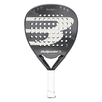 The Bullpadel Flow Legend 2026 Padel Racket - Black features a bold "B" design, small icons, and text on the face. This women's racket offers advanced Flowforce technology for enhanced gameplay and sports a black and gray design with a white handle.