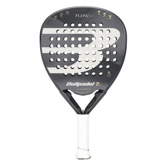 The Bullpadel Flow Legend 2026 Padel Racket - Black features a bold "B" design, small icons, and text on the face. This women's racket offers advanced Flowforce technology for enhanced gameplay and sports a black and gray design with a white handle.