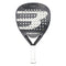 The Bullpadel Flow Legend 2026 Padel Racket - Black features a bold "B" design, small icons, and text on the face. This women's racket offers advanced Flowforce technology for enhanced gameplay and sports a black and gray design with a white handle.