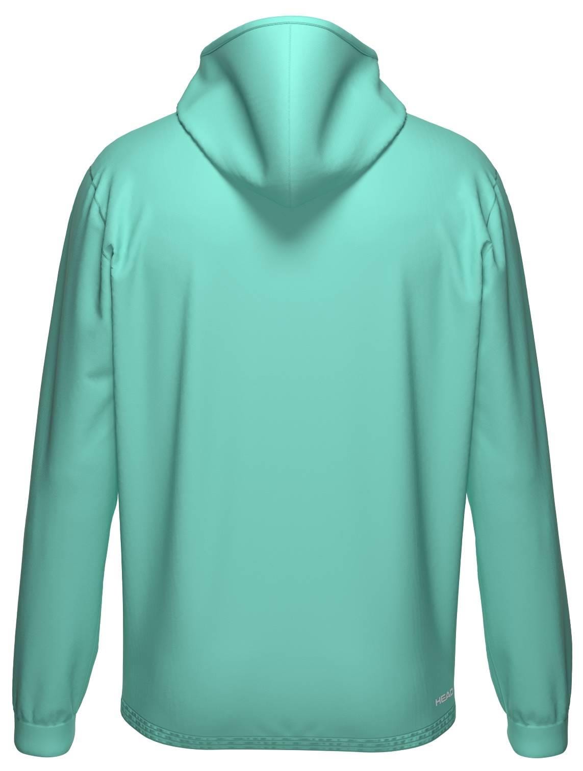 The HEAD Topspin Mens Padel Hoodie - TQXU by HEAD is a plain, light teal sports hoodie shown from the back with long sleeves and subtle white text near the right bottom hem. Made from moisture transfer microfibre for all-day comfort.