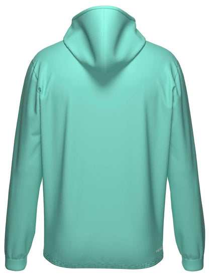 The HEAD Topspin Mens Padel Hoodie - TQXU by HEAD is a plain, light teal sports hoodie shown from the back with long sleeves and subtle white text near the right bottom hem. Made from moisture transfer microfibre for all-day comfort.