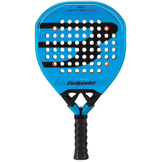 The Bullpadel Vertex 05 GEO 2026 Padel Racket in blue and black features a perforated, textured surface and a black handle with grip—ideal for players seeking high performance.