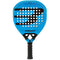 The Bullpadel Vertex 05 GEO 2026 Padel Racket in blue and black features a perforated, textured surface and a black handle with grip—ideal for players seeking high performance.