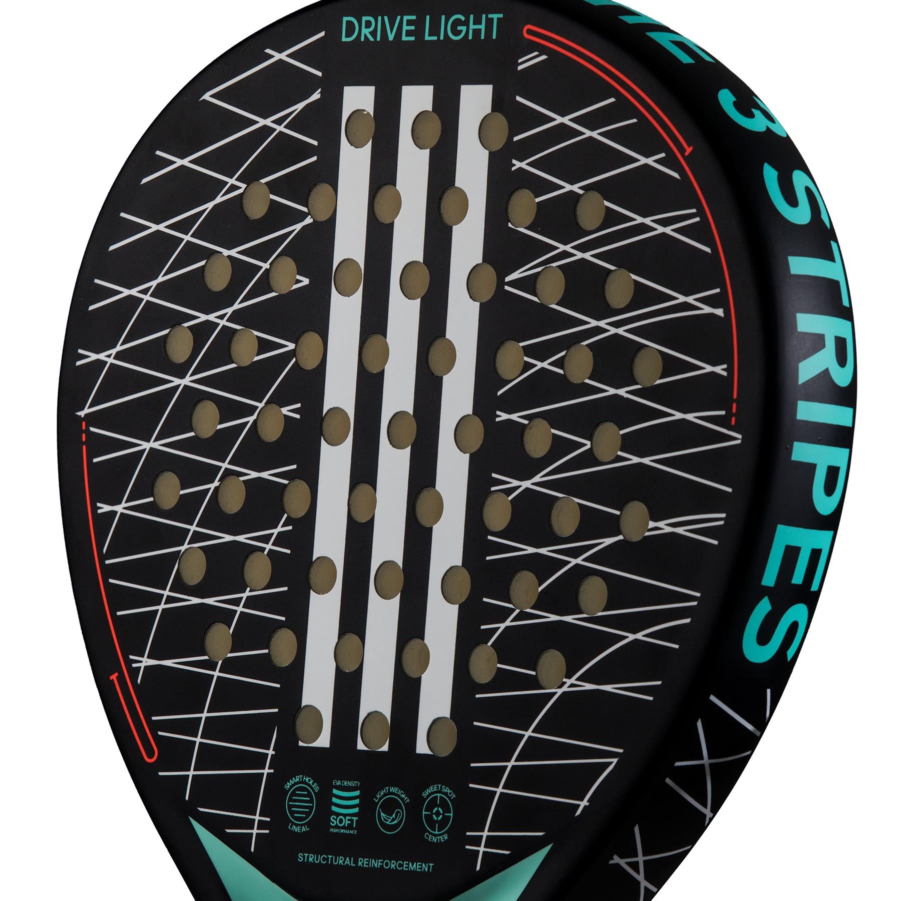 The ADIDAS Drive Light 3.3 Padel Racket by adidas, available in black and blue, boasts a perforated surface with three vertical stripes and white crisscrossing lines. The "Drive Light" and "The 3 Stripes" text emphasizes its lightweight nature. This racket is perfect for beginners, offering superb control and power, with several symbols near the base.