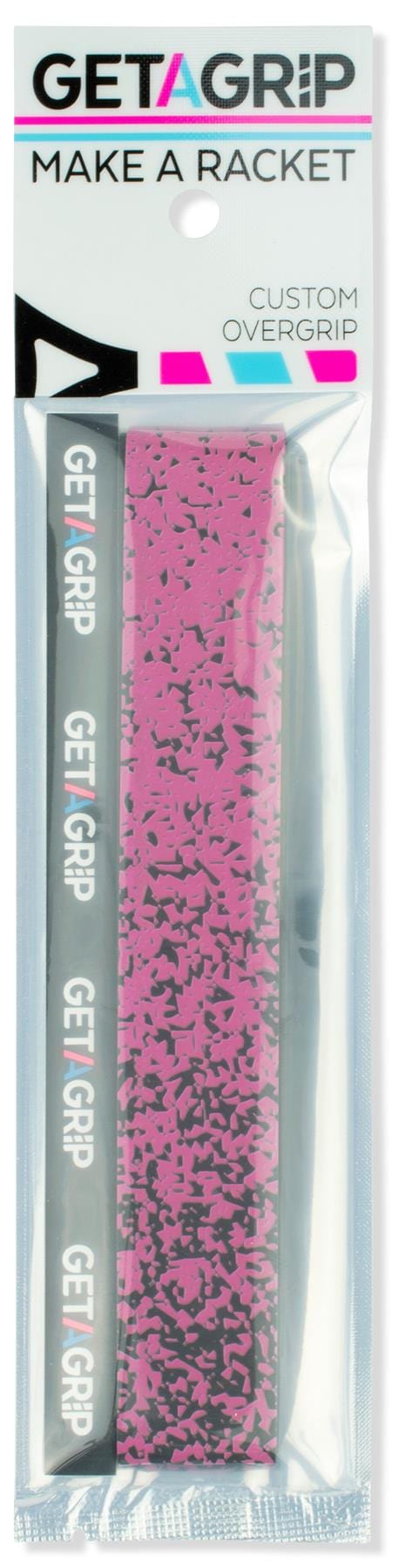 The Get a Grip Padel Overgrip - Looking Sharp features a pink and black speckled design, branded in white. Packaged with the slogan "MAKE A RACKET", it's an ideal padel gift from Get A Grip.