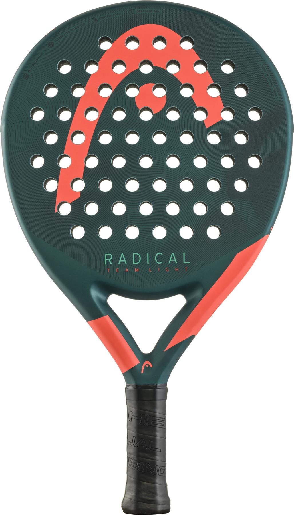 The HEAD Radical Team Light 2026 Padel Racket features a dark green and orange design with round holes, a bold red angular logo, and "RADICAL TEAM LITE" above its black grip, making it a lightweight option for players.