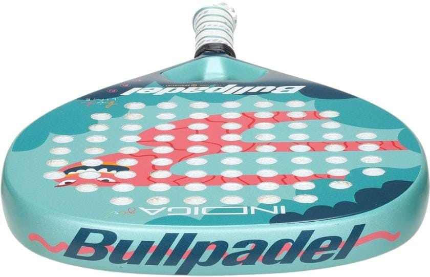 The Bullpadel INDIGA Junior Girls 2026 padel racket features a turquoise design with a red dragon, round shape, multiple holes, and "Bullpadel" branding—ideal for kids starting out in padel.