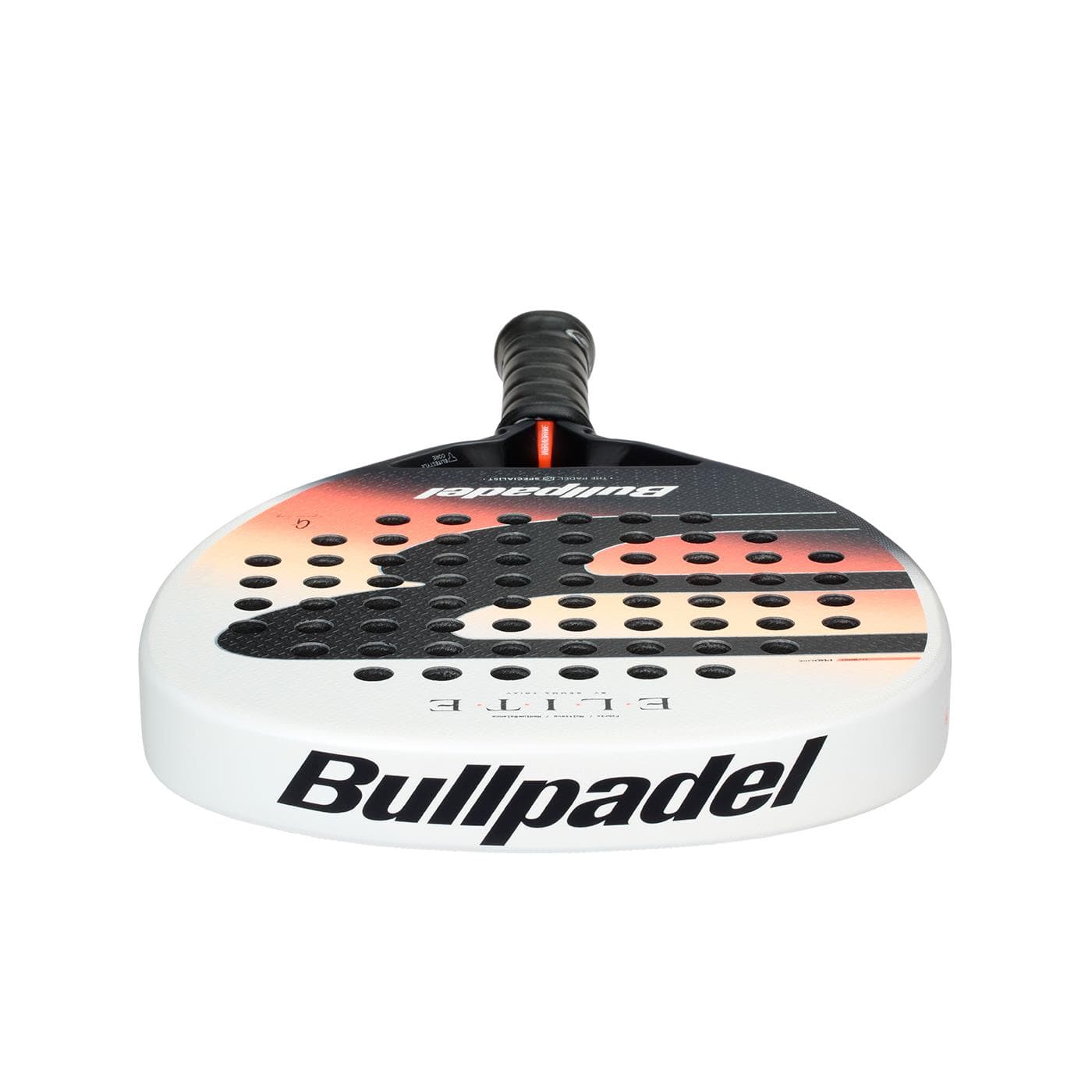 The Bullpadel Elite W 2026 Padel Racket in black and white features a round perforated face, lightweight design for top performance, and a bold "Bullpadel" logo on the side with a black grip.