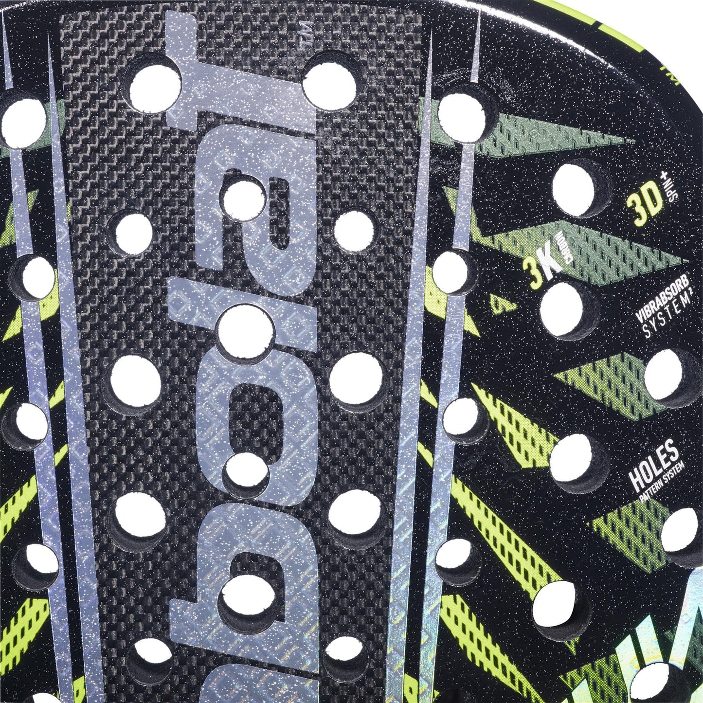 Close-up of the Babolat Counter Viper 2.6 Padel Racket by Babolat, showing its carbon fiber texture, bold logo, multiple round holes, green-yellow details, and surface specs such as "3K," "3D," and "Vibrasorb System.