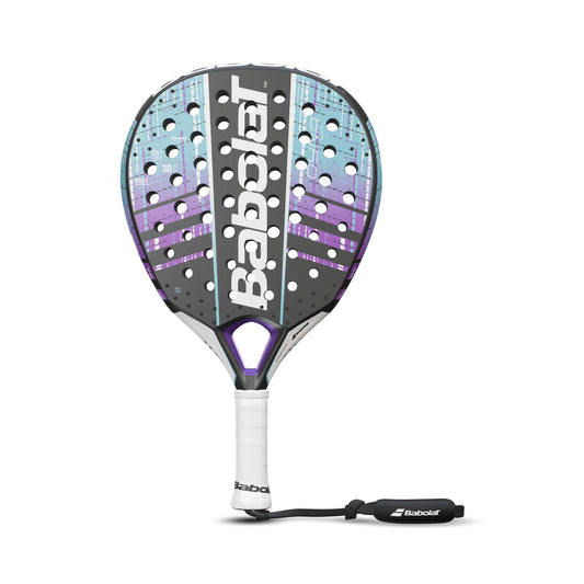 The Babolat Dyna Spirit Padel Racket in black and purple features a striking teardrop headshape with enhanced 3D Spin capabilities. It includes a white grip and black wrist strap, while the brand name "Babolat" is prominently displayed across the center of the racket face, which showcases a geometric design with perforations.