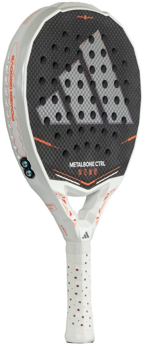 The adidas Metalbone Ctrl 2026 Padel Racket - Black features orange accents, perforated holes, a large adidas logo, “METALBONE CTRL” on the face, and an adjustable weight system for personalized play.