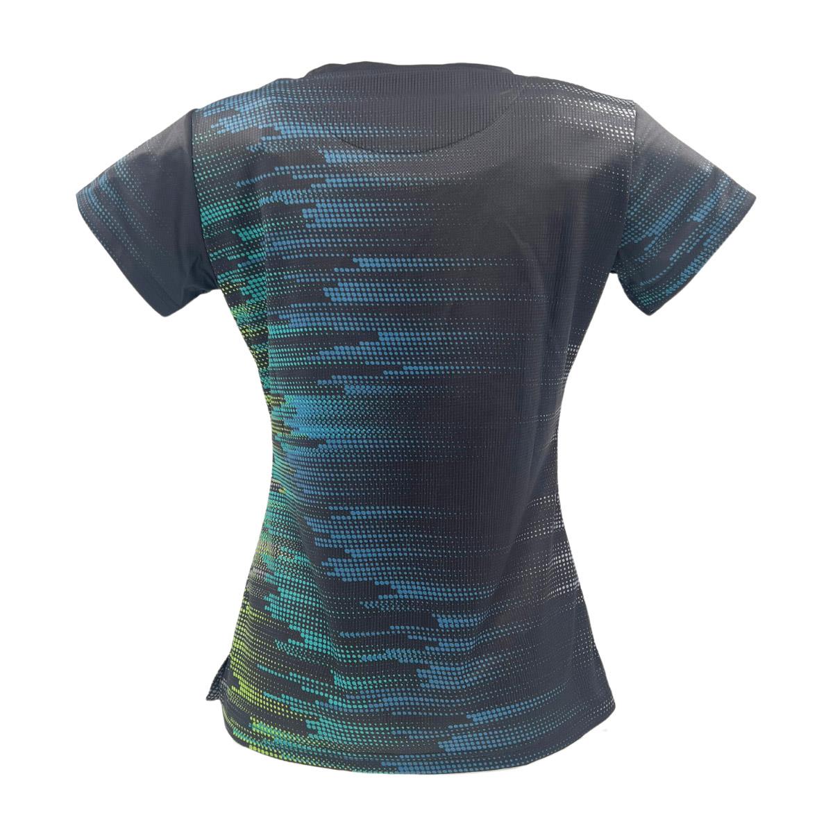 The back of the Yonex YTL7 Women's Padel T-Shirt - Shadow features a black, short-sleeve design with blue and green pixel-like streaks. Made from moisture-wicking polyester, it offers a modern, dynamic look while ensuring comfort.