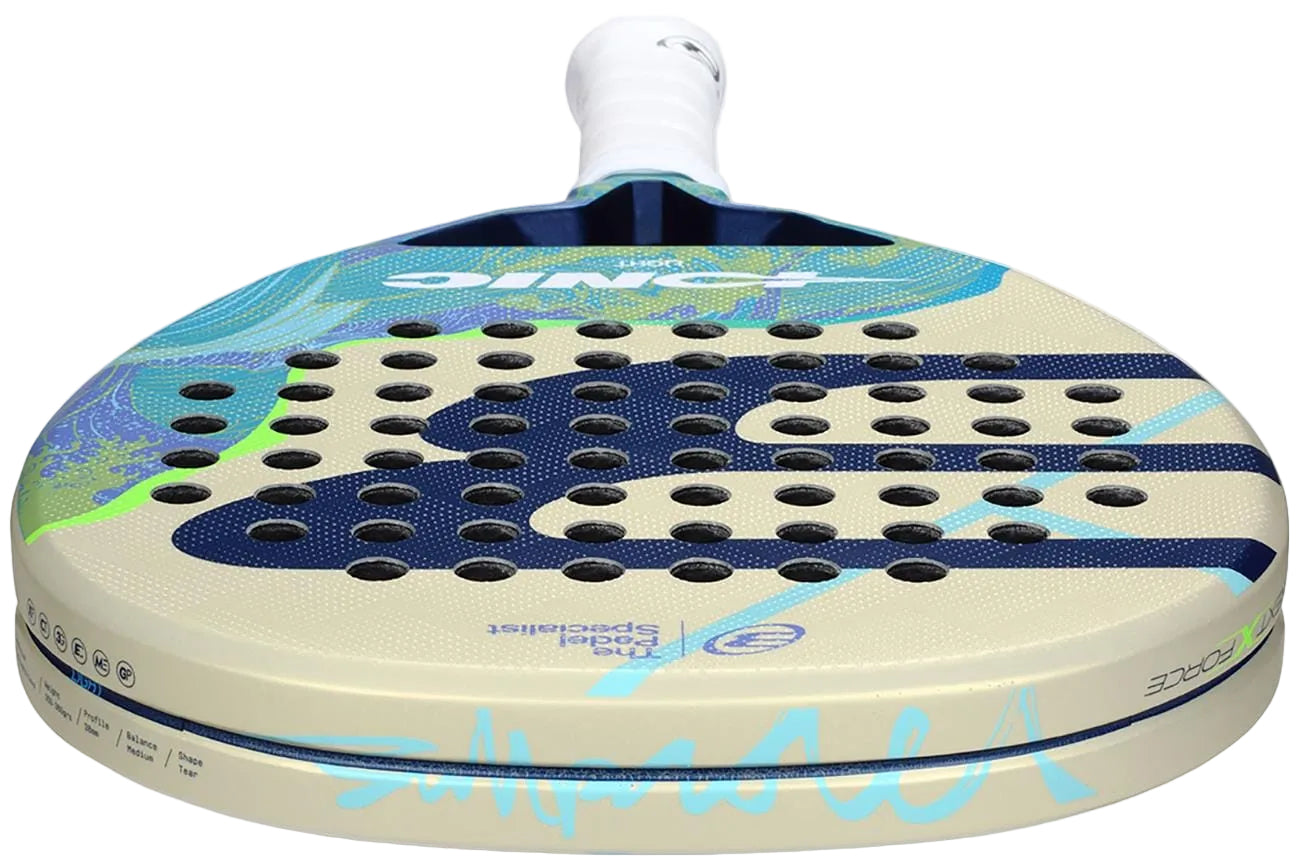 A close-up of the Bullpadel Ionic Light 2026 Padel Racket, featuring a lightweight design, white grip, beige face with blue and green accents, black circular holes, and the Bullpadel brand name displayed on top.