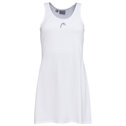 The HEAD Womens Club 22 Padel Dress in white, a sleeveless design by HEAD, features a subtle logo on the chest and is made with Moisture Transfer Microfibre technology. The dress is showcased against a plain white backdrop.