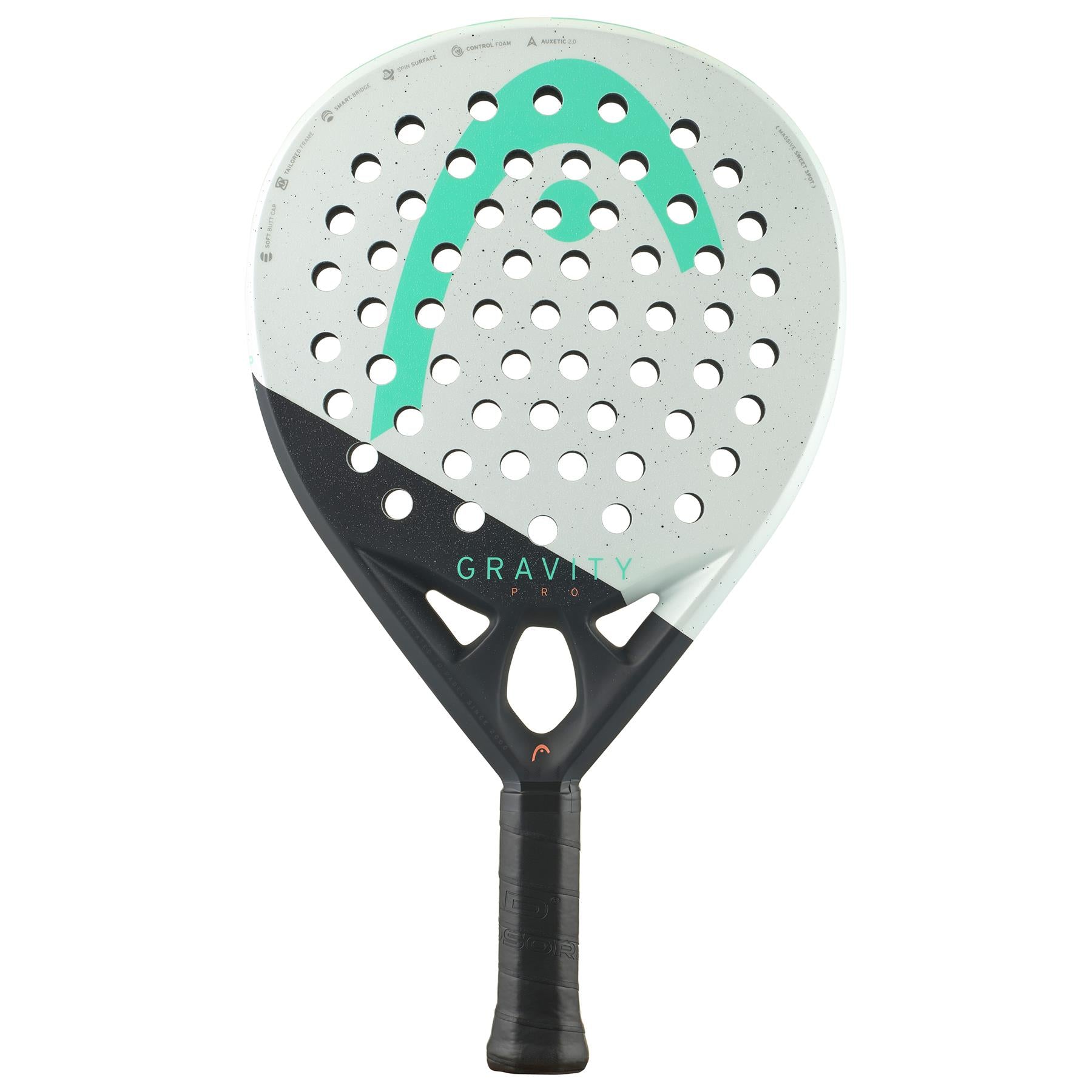 The HEAD Gravity Pro 2024 Padel Racket boasts an eye-catching mint and black design. Its upper section includes Spin Surface circular holes that improve control, with "Gravity" prominently embossed in the center. The black handle is equipped with a textured grip to guarantee precision in every play.