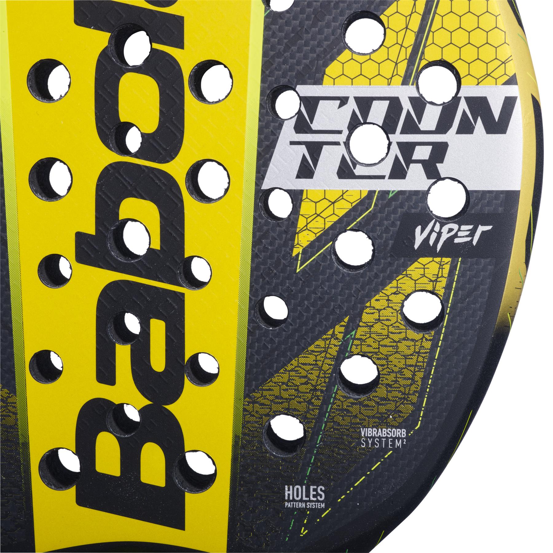 The Babolat Counter Viper Padel Racket in black and yellow features a close-up design, showcasing the white "Counter Viper" and "Vibrabsorb System" text for superior vibration dampening. This racket includes a pattern of circular holes and a partial bold "Babolat" logo, engineered for extreme power.