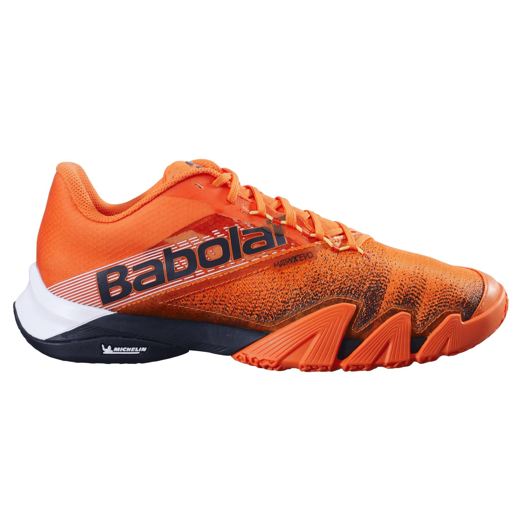 The Babolat Jet Premura 2 Mens Padel Shoes in Vibrant Orange display an orange and black design with the Babolat logo. They feature Matryx technology on the upper and a Michelin-branded textured sole, seamlessly blending style and performance.