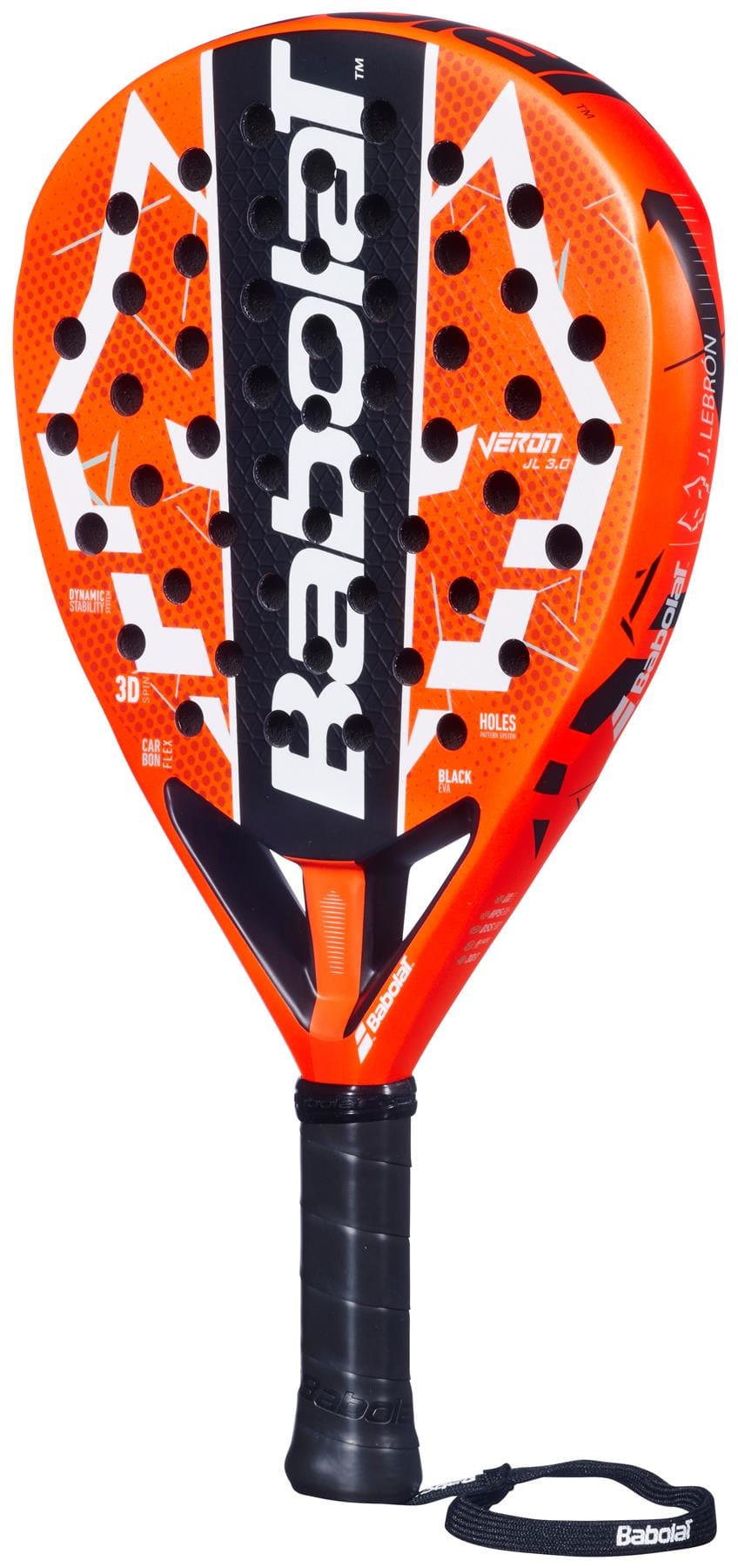The Babolat Veron Juan Lebron 3.0 Padel Racket features a red and black design, textured surface, round holes, and a black grip handle with wrist strap. "Veron" branding and other details are visible on this high-performance Babolat racket.