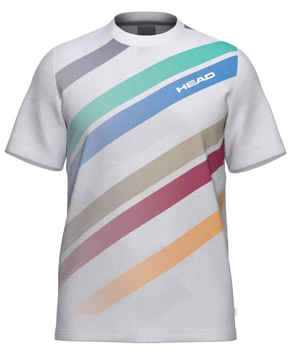 The HEAD Pro Men's Padel T-Shirt - WHXP by HEAD is a breathable shirt featuring diagonal stripes in green, turquoise, blue, gray, beige, red, and orange with "HEAD" in white on a blue stripe—ideal for performance sportswear.