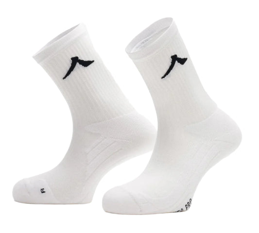 The Kanso Neo Pro Performance Crew Padel Socks in white feature a black logo by the cuff, ribbed texture, reinforced toe and heel, cushioned for comfort, and enhanced ventilation to keep feet cool during intense matches.