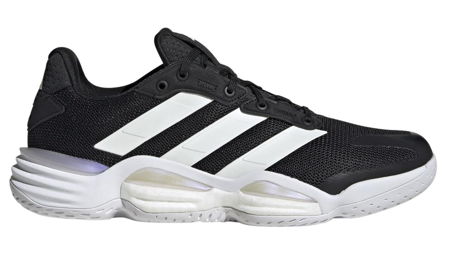 The ADIDAS Stabil 16 Men's Padel Shoes in black feature a sleek design with prominent white stripes and a breathable mesh upper, while the BOOST midsole enhances comfort and performance.