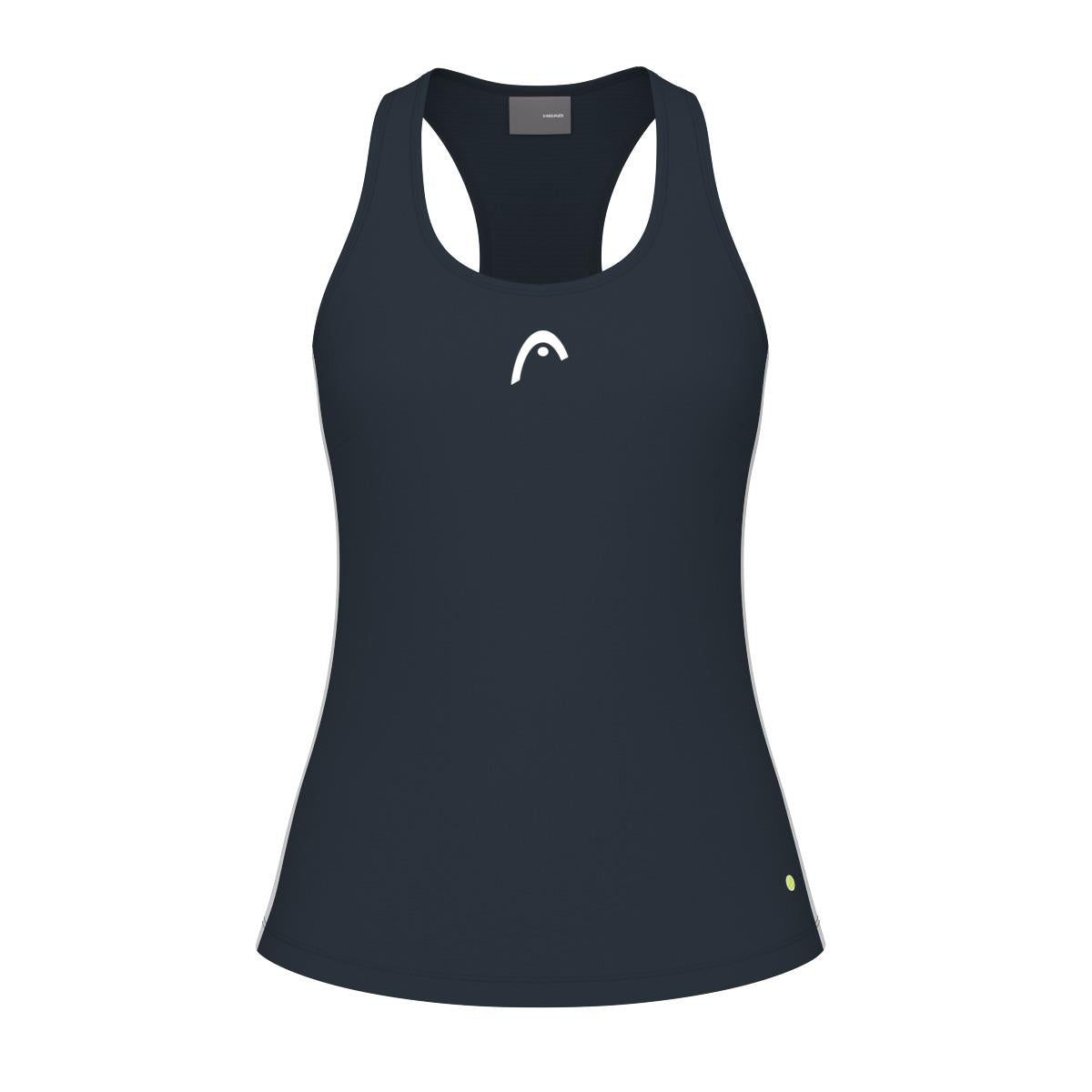 This navy HEAD Spirit Women's Padel Tank Top showcases a racerback design and is accented with a white logo on the front. Crafted for women, this tank includes moisture transfer microfiber to ensure maximum comfort during intense padel matches.