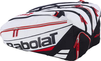 The Babolat RH Pro Technical Padel Racket Bag in white, black, and red features multiple zippered compartments and handles for carrying padel accessories, tennis rackets, and gear.