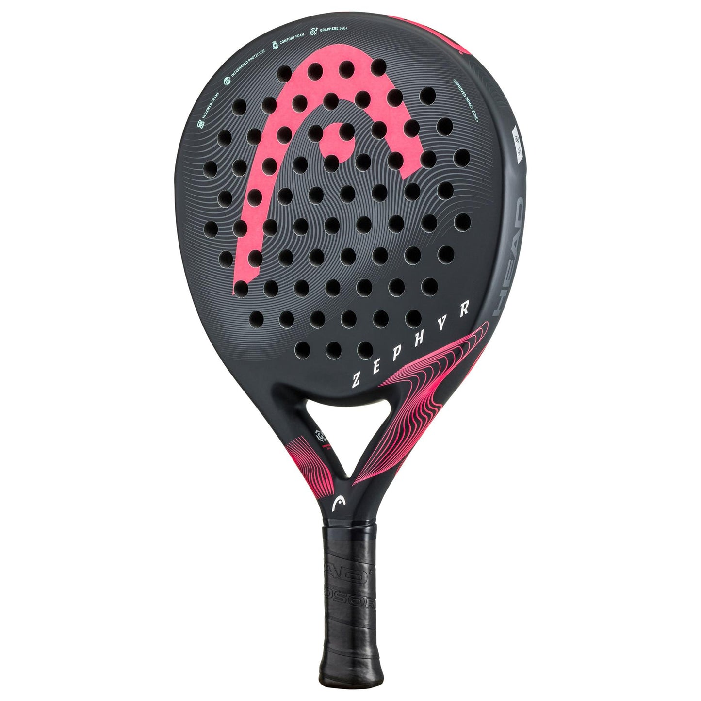 The HEAD Zephyr 2023 Padel Racket - Black / Pink seamlessly blends style and performance with its eye-catching black and pink design and perforated surface. Featuring HEAD's advanced Graphene 360+ technology, it offers exceptional power through its Power Foam core, while the sleek black-wrapped handle ensures a comfortable grip.