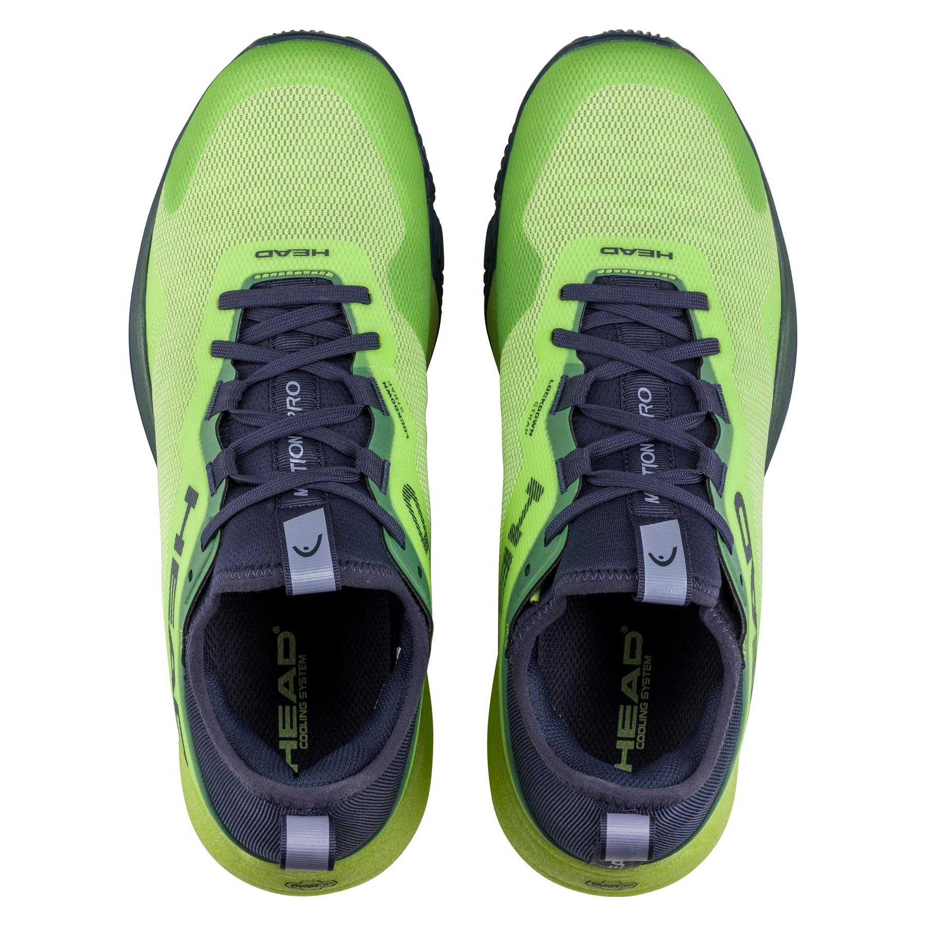 Top view of HEAD Motion Pro Mens Padel Shoes in lime and navy. These high-performance lace-up shoes showcase the brand near the toes and on the tongue, boast breathable design, and feature textured soles for grip.