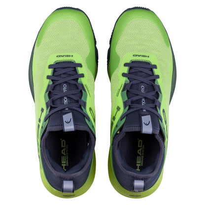 Top view of HEAD Motion Pro Mens Padel Shoes in lime and navy. These high-performance lace-up shoes showcase the brand near the toes and on the tongue, boast breathable design, and feature textured soles for grip.
