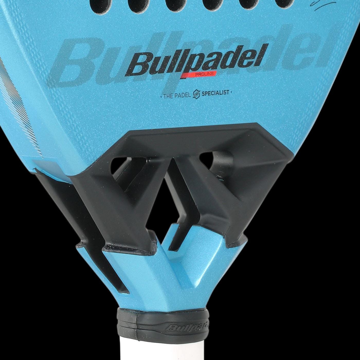 Close-up of the Bullpadel Vertex 05 W 2026 Padel Racket in Black/Blue, showing its neck with black geometric supports and the Bullpadel logo, set against a black background.
