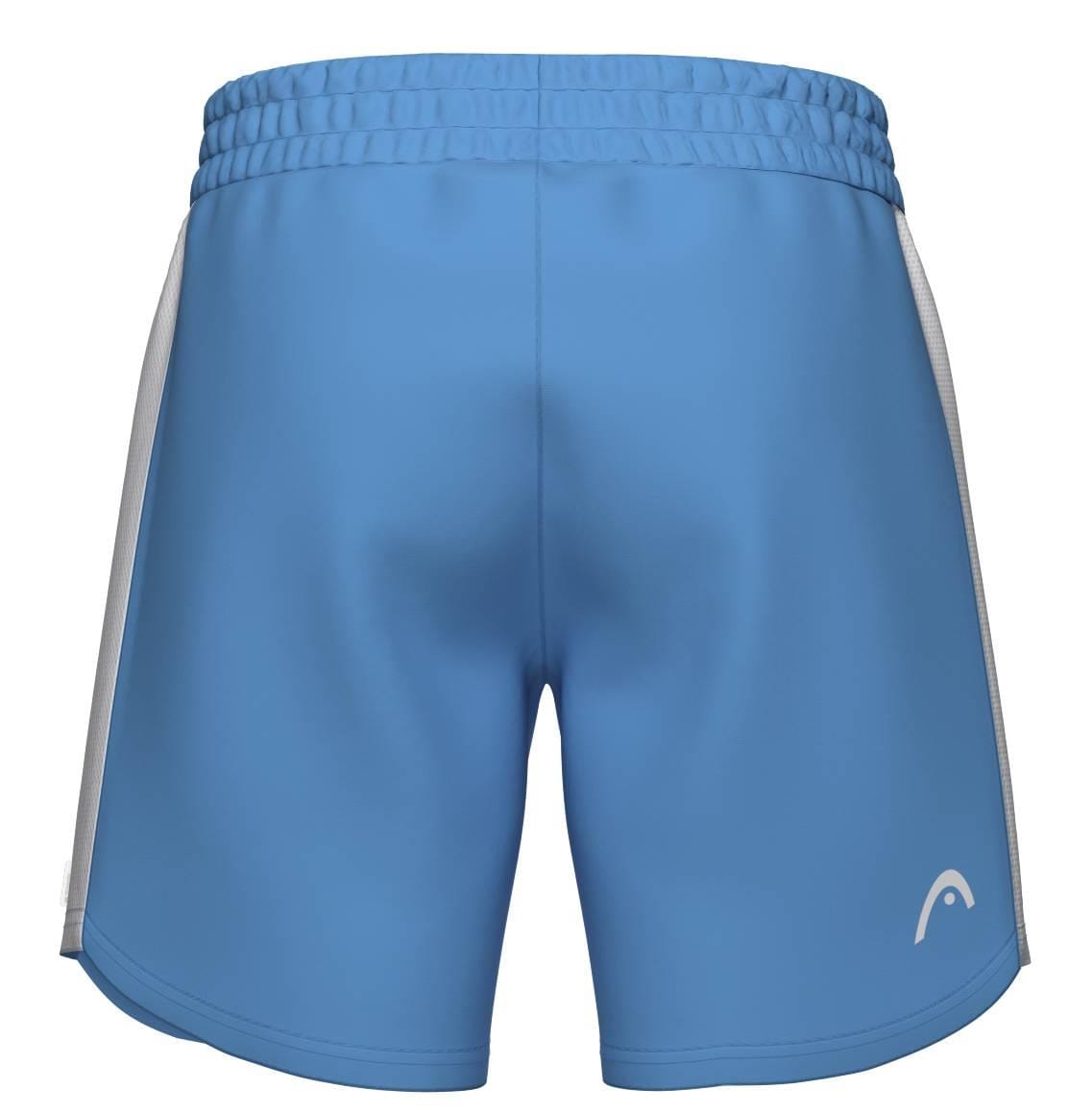 HEAD Power Men's Padel Shorts in Airforce Blue with white side panels and an elastic waistband, shown from the back. These HEAD shorts feature moisture-wicking fabric and a subtle white logo on the lower right side.