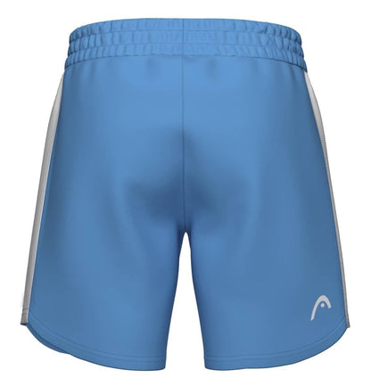 HEAD Power Men's Padel Shorts in Airforce Blue with white side panels and an elastic waistband, shown from the back. These HEAD shorts feature moisture-wicking fabric and a subtle white logo on the lower right side.