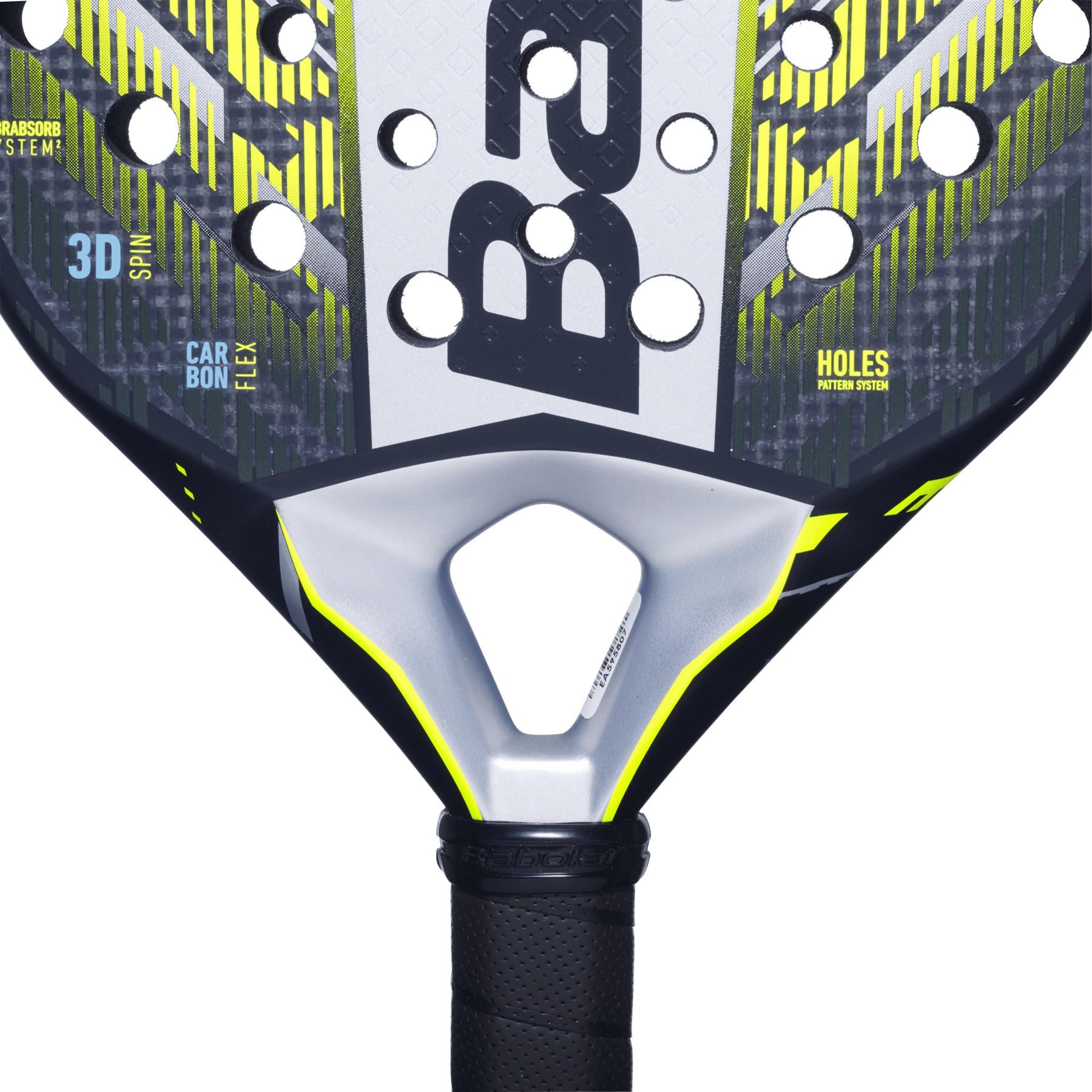 Close-up of the Babolat Counter Veron 2.5 Padel Racket head, revealing a pattern of circular holes on its textured surface. The design, perfect for counter strikers, showcases black, grey, and neon yellow accents with Carbon Flex technology and hole pattern system branding.