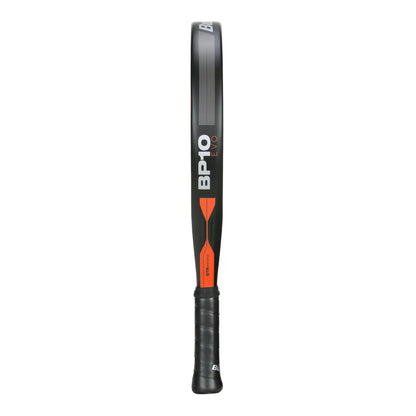 Get a closer look at the Bullpadel BP10 EVO 2024 Padel Racket in black and orange, ideal for intermediate players. The handle is equipped with a textured grip, and the Bullpadel brand name stands out prominently on the side of the frame.