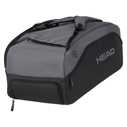 Introducing the HEAD Pro X Duffle Padel Bag L in Black/Dark Grey, ideal for serious athletes. It features a spacious main compartment, multiple zippers, backpack-style straps, and CCT+ climate control technology to protect your gear.