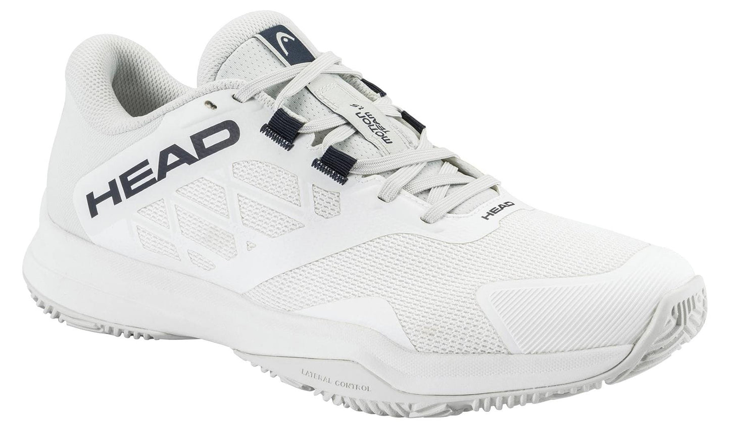 The HEAD Motion Team 1.5 Men’s Padel Shoes in white feature mesh panels, textured details, a lace-up front, dark navy accents and branding, plus a durable rubber sole—perfect for padel courts.