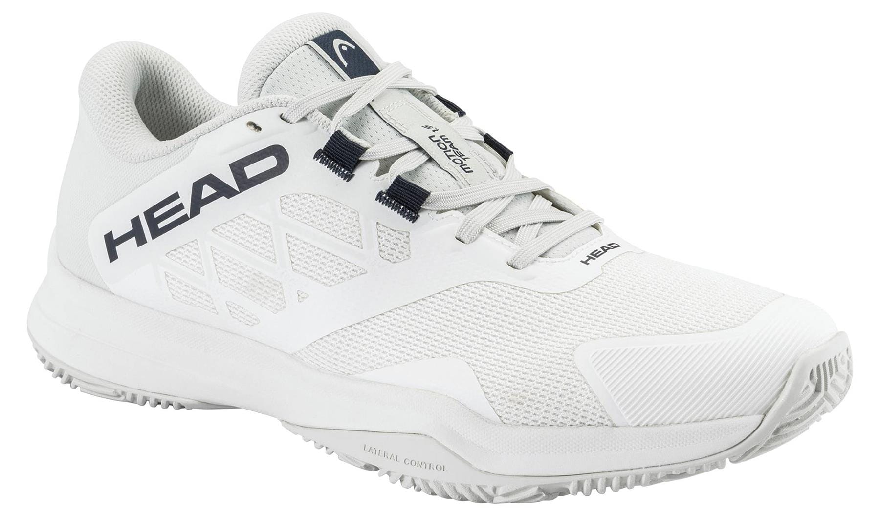 The HEAD Motion Team 1.5 Men’s Padel Shoes in white feature mesh panels, textured details, a lace-up front, dark navy accents and branding, plus a durable rubber sole—perfect for padel courts.