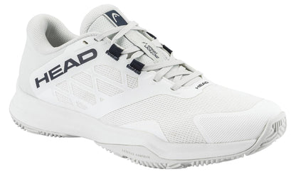 The HEAD Motion Team 1.5 Men’s Padel Shoes in white feature mesh panels, textured details, a lace-up front, dark navy accents and branding, plus a durable rubber sole—perfect for padel courts.