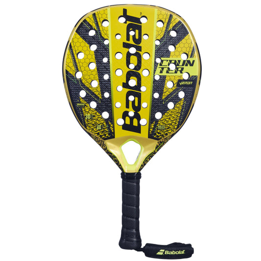 The Babolat Counter Veron Padel Racket in yellow and black displays "Technical Viper" on its face. Featuring a honeycomb pattern, it integrates Carbon Flex technology for superior performance. The racket's black handle comes with a wrist strap to provide comfort during play.