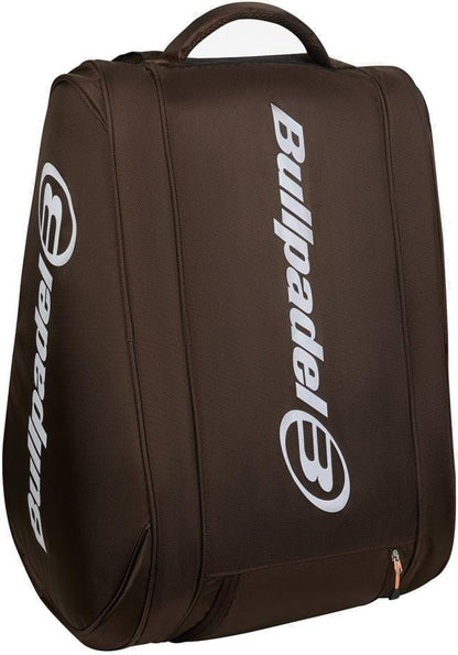 The Bullpadel BPP26024 Wonder 2026 Padel Racket Bag in chocolate features a carry handle, zipper, white Bullpadel logo and name on the front and side, plus thermal racket compartments for optimal protection.