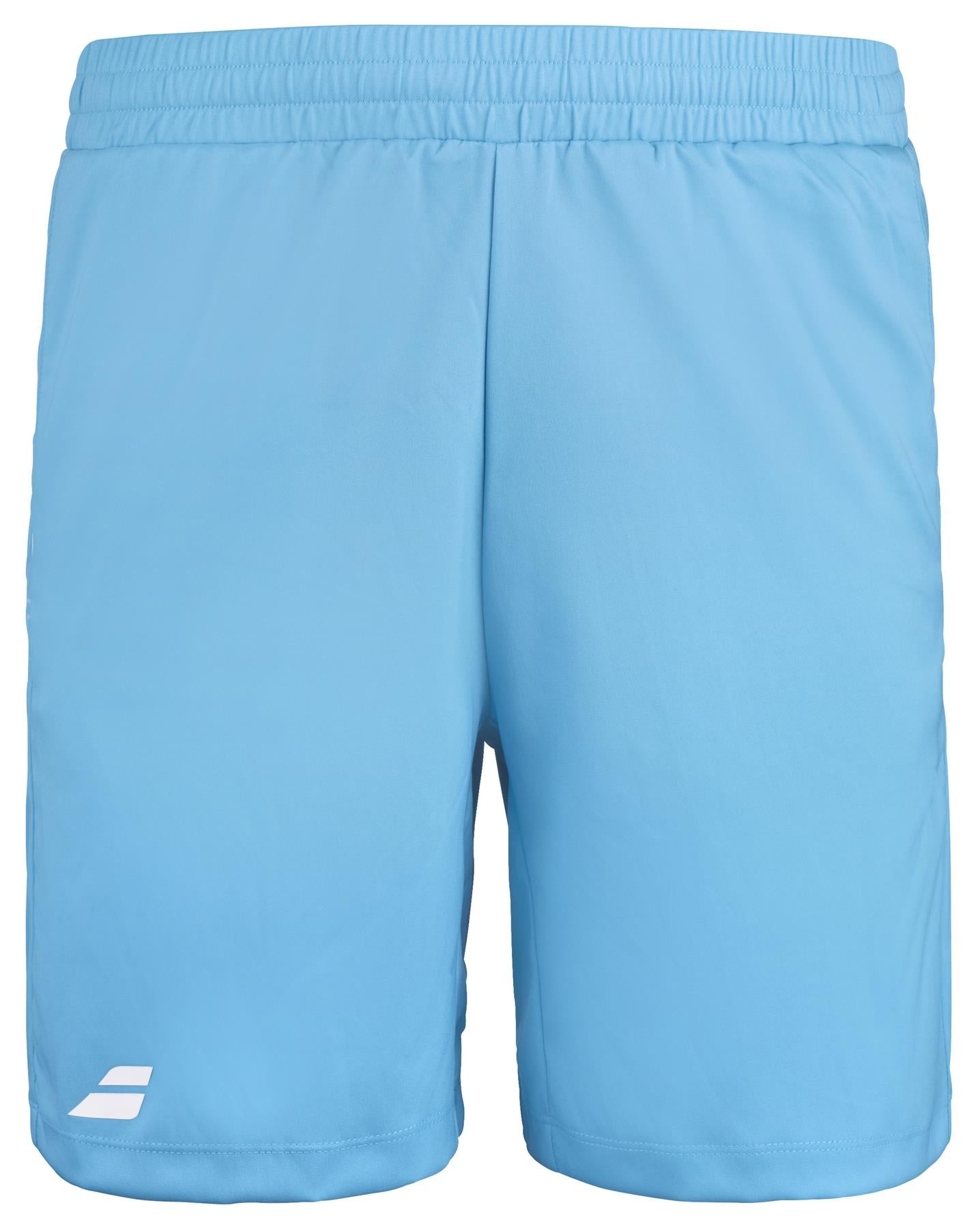 These Babolat Play Men's Padel Shorts in Cyan Blue, made by the brand Babolat from recycled polyester fabric, offer a plain light blue design and feature 360 Motion technology for maximum flexibility. They include an elastic waistband and display a small white logo on the lower left leg.