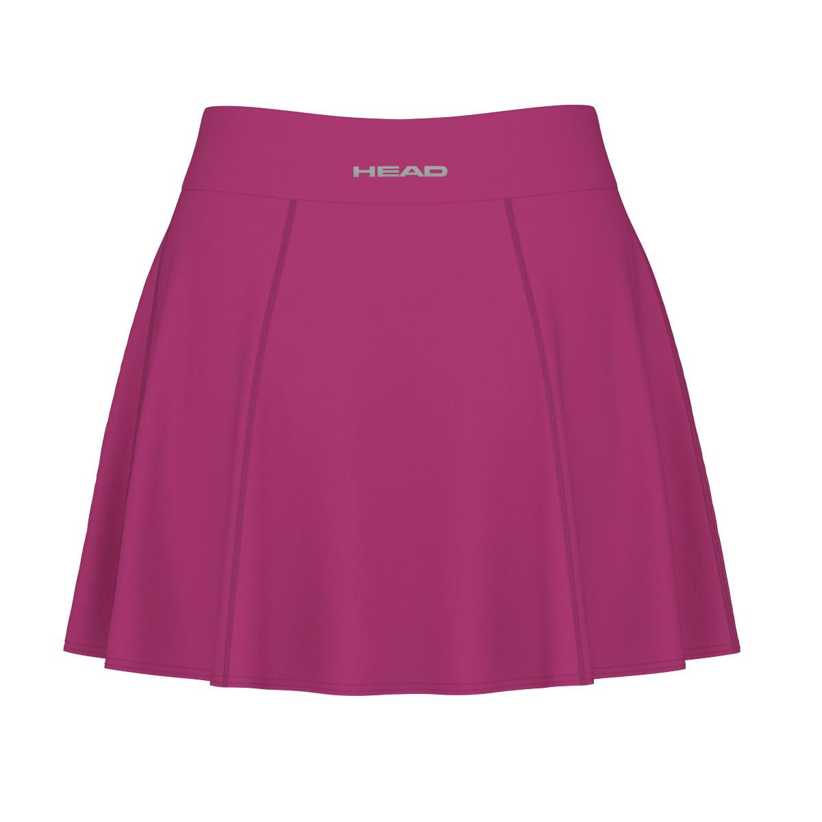 The HEAD Performance Women's Padel Skort in Vivid Pink is a high-waisted, slightly flared skort featuring integrated inner shorts. It showcases a logo on the waistband and vertical seam lines for added detail. The skort uses Moisture Transfer Microfibre to ensure comfort on the court.